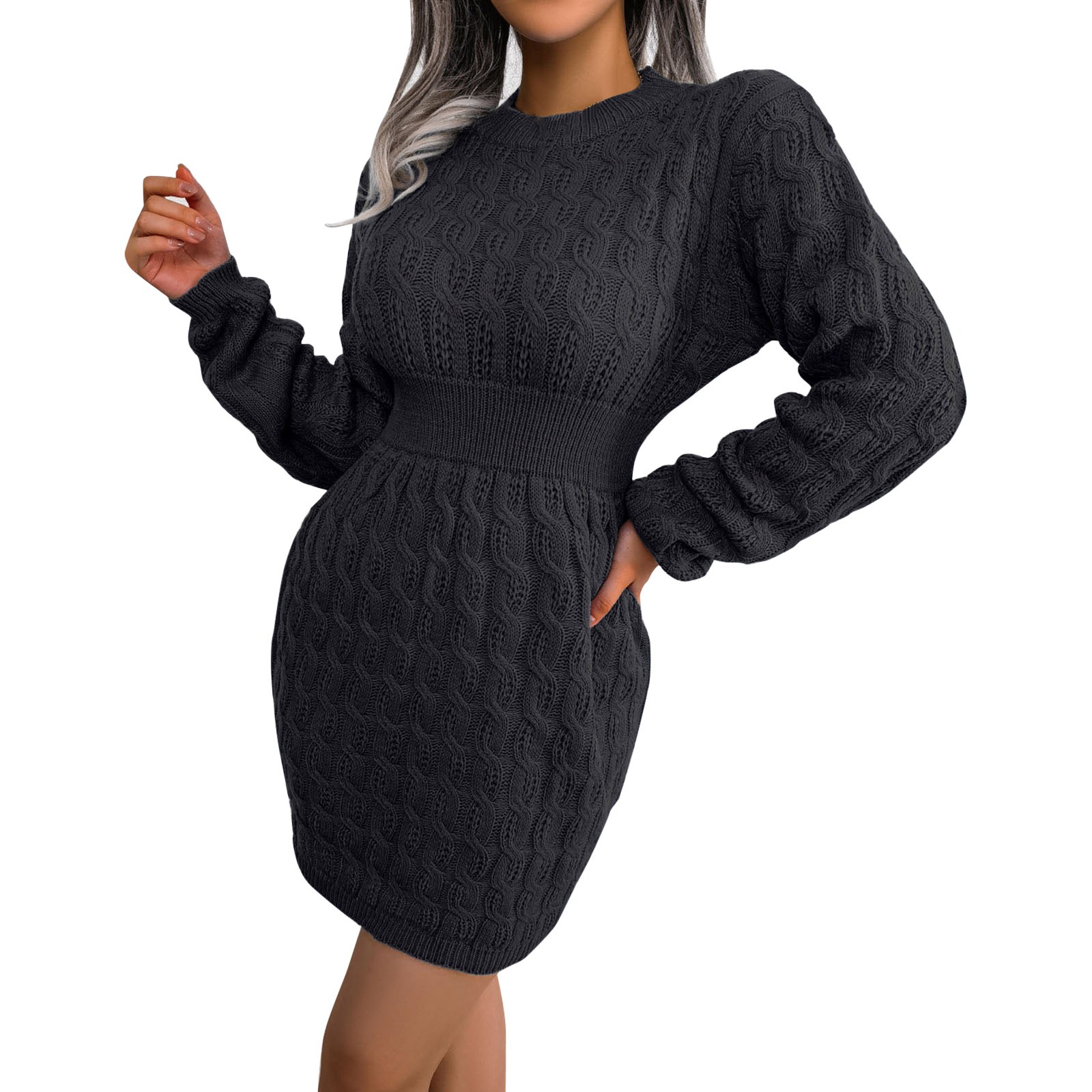 thumbnail image 1 of Vestido de punto con cuello alto y mangas abullonadas para mujer - Minivestido ajustado - Moda informal de invierno (S-L), 1 of 8